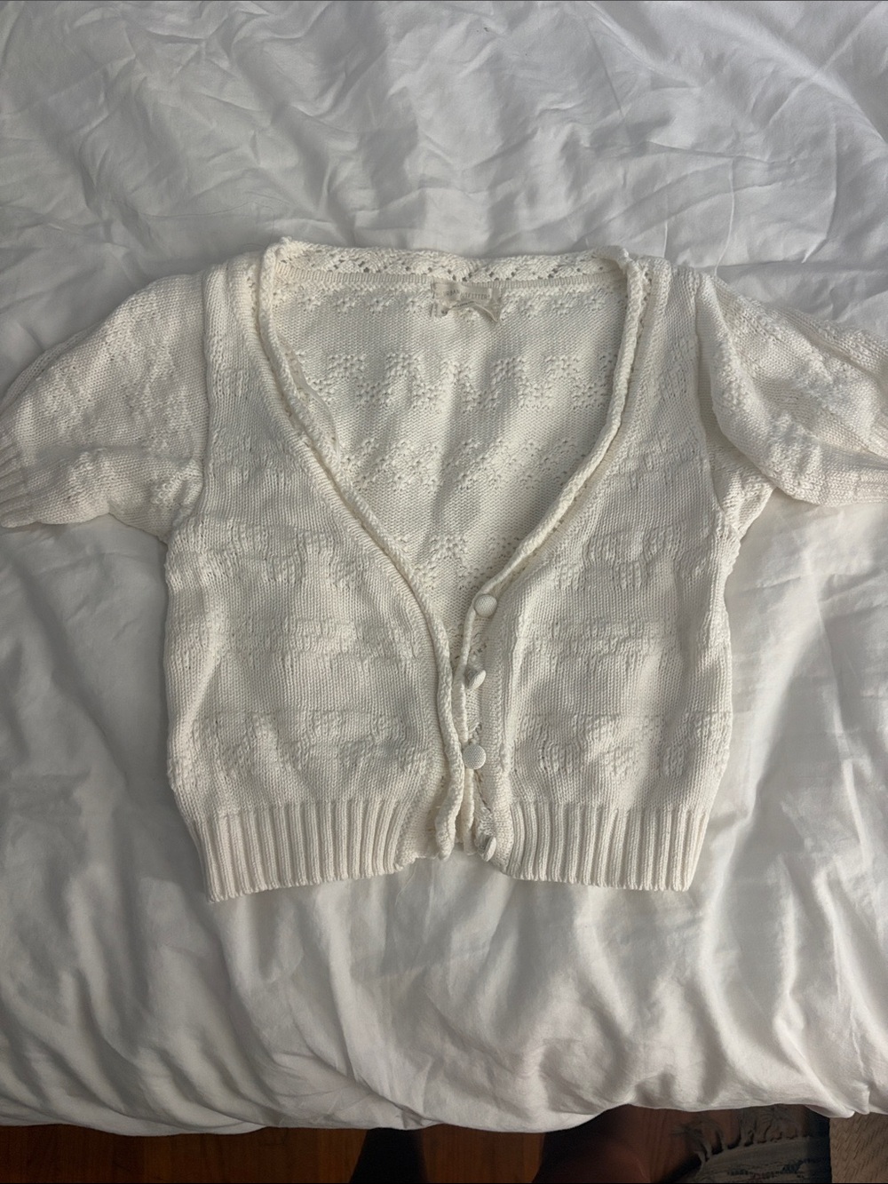Urban Outfitters Cream Short-Sleeve Knit Button-Up Cardigan